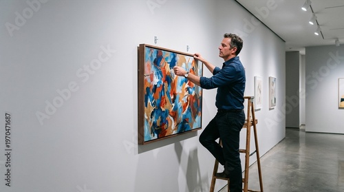 Man hanging painting on wall while standing on ladder in gallery  