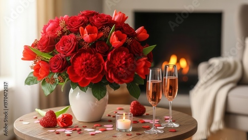Romantic Valentines Day Dinner with Roses and Champagne