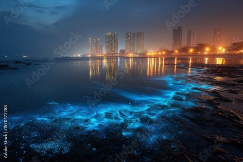 Glowing Bioluminescence: City lights reflected on the water's surface create a surreal spectacle, as glowing bioluminescence illuminates the ocean waves along the shore at night.