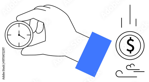 Time management, financial planning, productivity, investment, resource saving, decision-making. A hand holding a clock with a falling dollar coin. Time management and financial planning theme