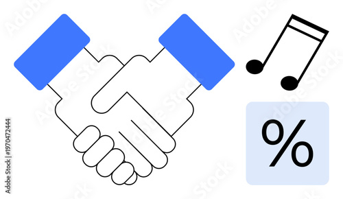 Business relationships, licensing deals, royalties, collaboration, finance, and contracts. Handshake with a music note and percentage symbol. Licensing deals and royalties concept