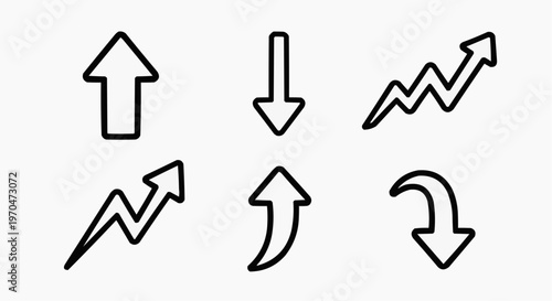 Collection of arrow symbols pointing in different directions, representing various concepts and ideas. The arrows show direction and motion and indicate positive or negative trends
