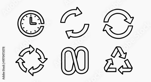 Six icons in a circular arrangement, including clock, arrows, and infinity symbol, for themes of time, cycle, and continuous process. 