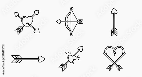 Set of illustrated love themed elements and symbols with hearts and arrows design