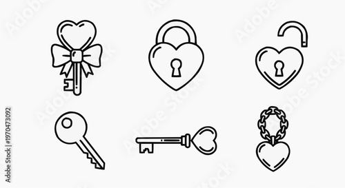 A set of lovely, minimalistic heart-shaped keys, locks, and a heart pendant displayed against a neutral background. The image showcases simple yet elegant line art design elements.
