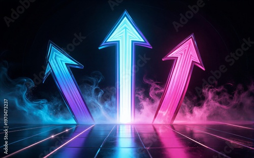 Neon arrows glow brightly pointing upward against a dark smoky