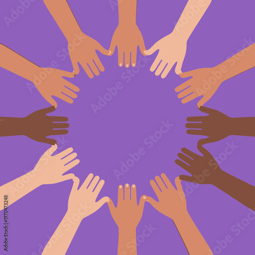 Multi-ethnic Hands Forming a Circle for Unity, Diversity, and Inclusion on Purple Background