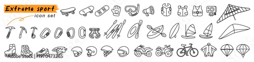 Extreme sport icon set showcases dynamic collection of thrilling adventure activities. Each silhouette evokes an active energetic lifestyle inspiring sense of exciting challenge