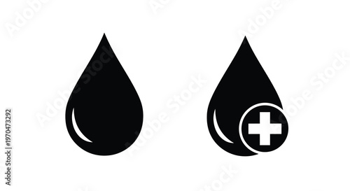 Two black droplets one with a plus symbol shown in silhouette