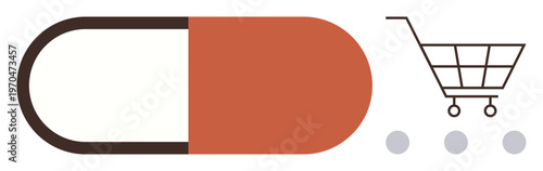 Online shopping, digital pharmacy, e-commerce, healthcare, medication delivery, pharmaceutical services. A pill alongside a shopping cart. Online shopping and digital pharmacy concept