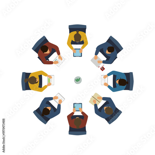 Business Team Collaboration and Brainstorming Around Round Table Top View Illustration