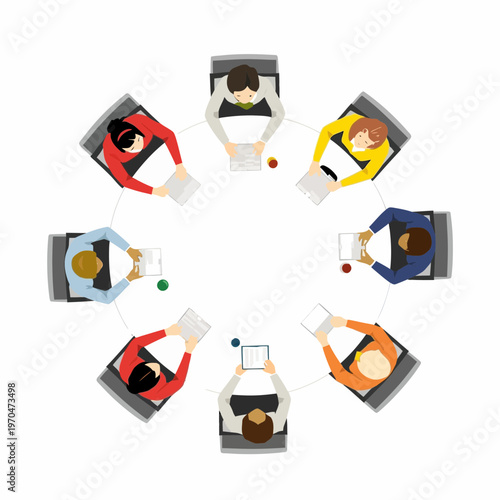 Top View Illustration of Diverse Business Professionals Sitting at a Round Table for Corporate Meeting, Teamwork, and Collaboration