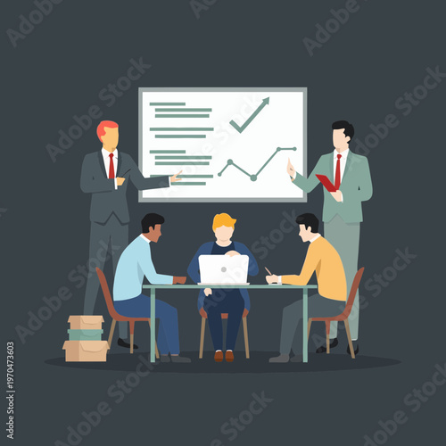 Business Team Analyzing Growth Charts and Data Analytics in Meeting, Flat Vector Illustration