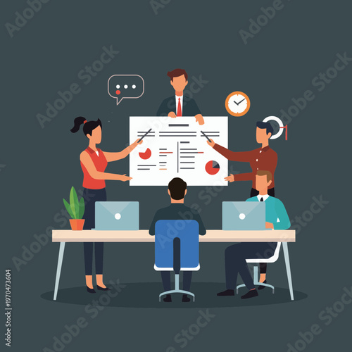 Business Team Meeting for Strategy Presentation and Data Analysis Flat Vector Illustration