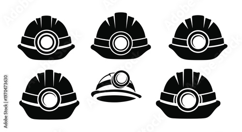 Six black mining helmets displayed in a graphic striking silhouette