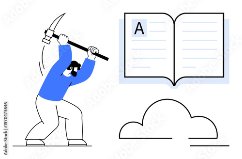 Data analysis, knowledge discovery, cloud computing, education, digital transformation, information management. Person with a pickaxe mining a book from a cloud. Data analysis and educational
