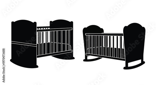 Two black baby cribs facing each other a minimalist silhouette