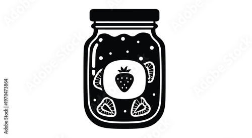 Black silhouette of a jar filled with strawberry jam and fruit