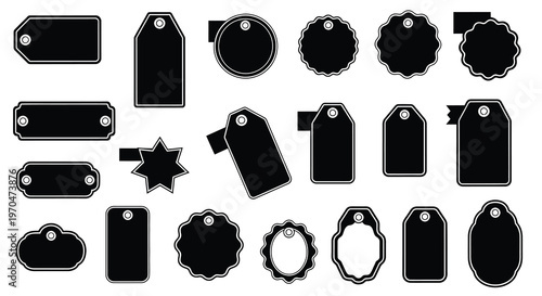 Collection of diverse black tags and labels in a striking silhouette