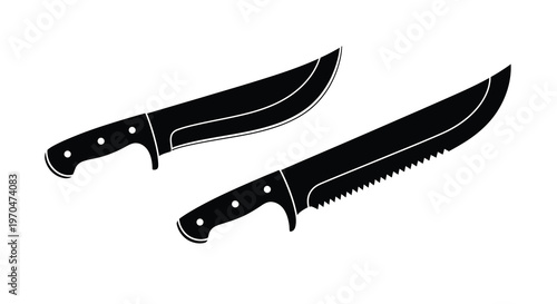 Two curved blade knives displayed in a stark black silhouette