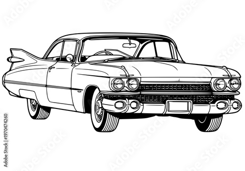Classic Vintage Luxury Sedan with Tail Fins Vector Illustration - Retro 1950s American Car Line Art
