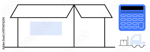 Logistics management, supply chain planning, shipping, inventory tracking, cost calculation, warehousing operations. A warehouse outline with a truck and calculator. Logistics and supply chain