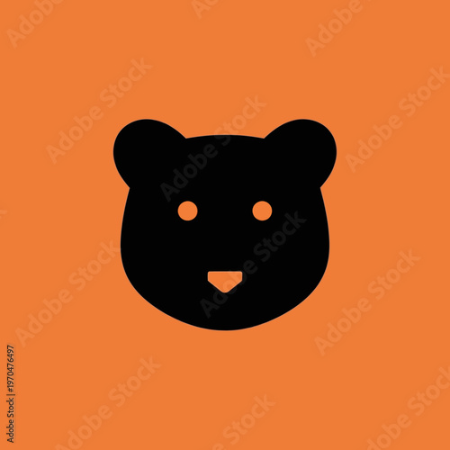 Simple Black Bear Head Icon on Orange Background.