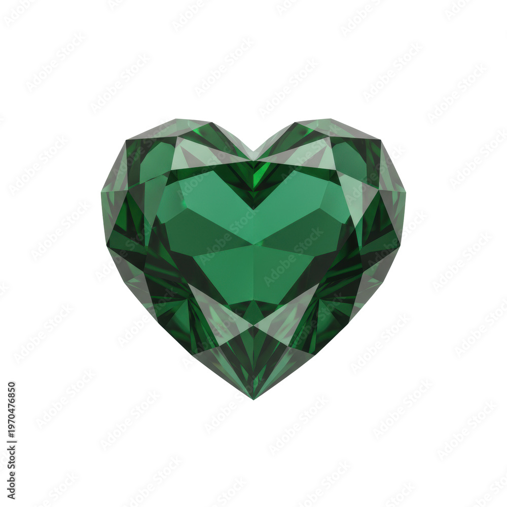 Fototapeta premium Symmetrical heart shaped emerald crystal with polished facets and internal light refraction isolated on a transparent background, elegant luxury aesthetic