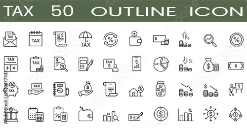 Financial tax and accounting outline icon set featuring tax payment calculator government document form and business budget for bank money more vector illustration with editable stroke.
