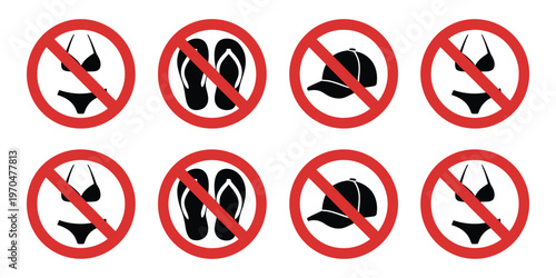 No clothing items sign illustration, prohibition icons with red circle showing banned garments for safety, dress code, and compliance signage.