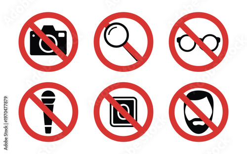 Prohibition signs illustration set, red circle forbidden symbols showing restricted actions for safety warning, compliance, and public signage design.