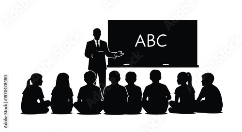 A teacher instructs students in a classroom depicted as a silhouette