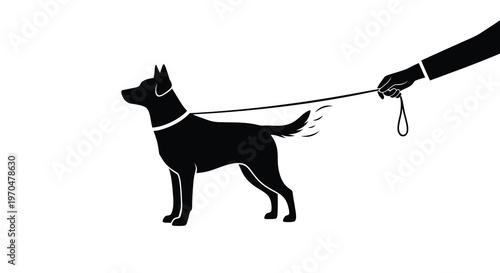 A person walking a dog on a leash striking black graphic silhouette