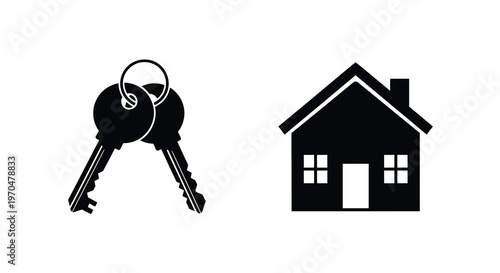 Keys and a house represent new beginnings and homeownership silhouette