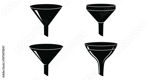 Four black funnels displayed against a white background silhouette