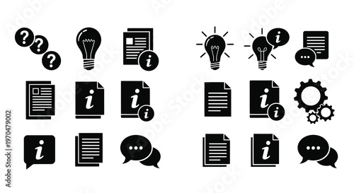 Black icons representing ideas information and questions a bold silhouette
