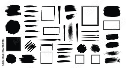 Abstract brushstrokes and geometric shapes create a dynamic black silhouette