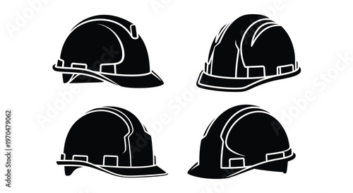 Four black hard hats displayed against a white background silhouette