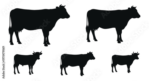 Black silhouettes of cattle grazing in a minimalist composition silhouette