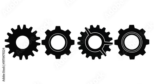 Four black gear icons arranged in a horizontal line silhouette