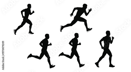 Five running figures depicted in dynamic poses a stark black silhouette