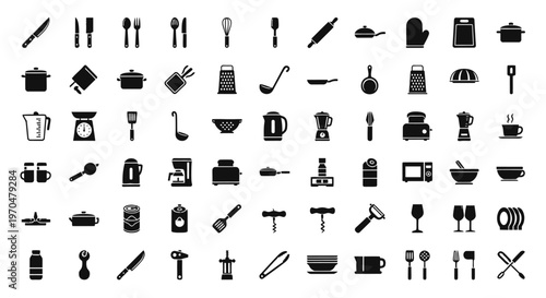 A comprehensive collection of essential kitchen utensils and cooking appliances. Vector Icon. EPS Editable