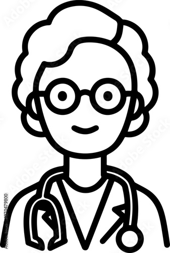 Hand Drawn Elderly Female Doctor Black and White Illustration in Minimal Line Art Style Design