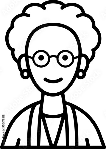 Hand Drawn Elderly Female Doctor Black and White Illustration in Minimal Line Art Style Design