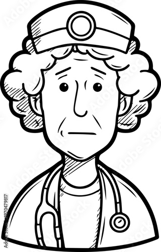 Hand Drawn Elderly Female Doctor Black and White Illustration in Minimal Line Art Style Design