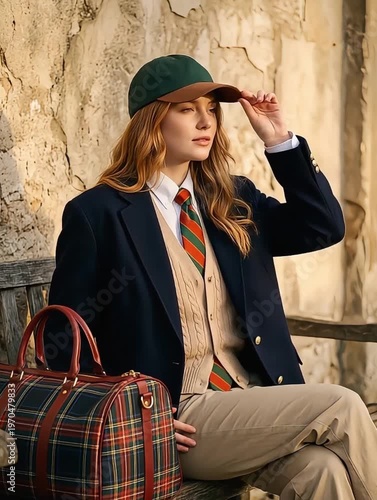 Woman in Navy Blazer and Tie with Green Baseball Cap