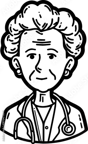 Hand Drawn Elderly Female Doctor Black and White Illustration in Minimal Line Art Style Design