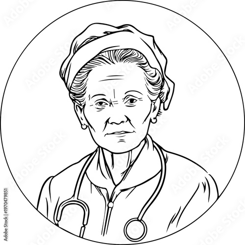 Hand Drawn Elderly Female Doctor Black and White Illustration in Minimal Line Art Style Design