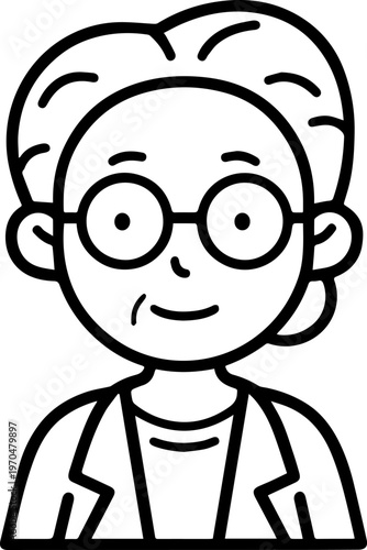 Hand Drawn Elderly Female Doctor Black and White Illustration in Minimal Line Art Style Design