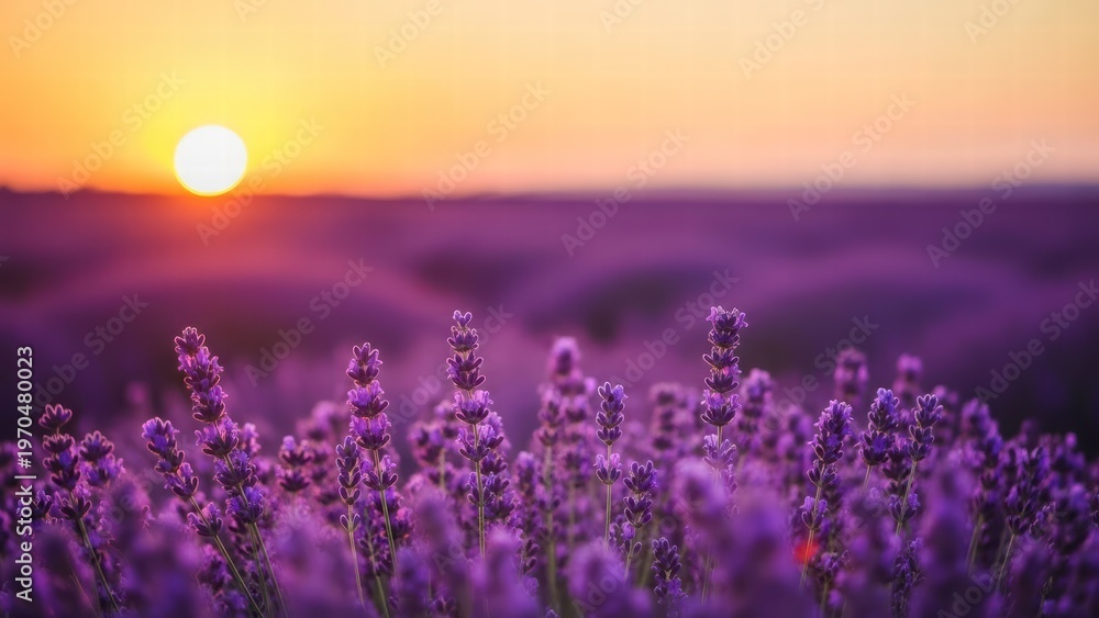 Fototapeta premium Lavender Field Sunset: The warm embrace of the setting sun bathes a vast lavender field in hues of purple and gold. A moment of serenity and natural beauty. 
